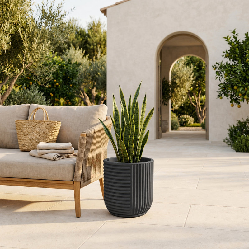 Johnmason ECOBO 13.4 inches Eco-Friendly Round Pot Planter, Linhas Indoor/Outdoor Four Season Use, Dark Gray