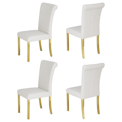  Ensemble de 4 chaises de salle à manger modernes en cuir blanc avec pieds en acier inoxydable doré, chaises rembourrées à haut dossier et pieds en métal pour la cuisine / le salon / le restaurant