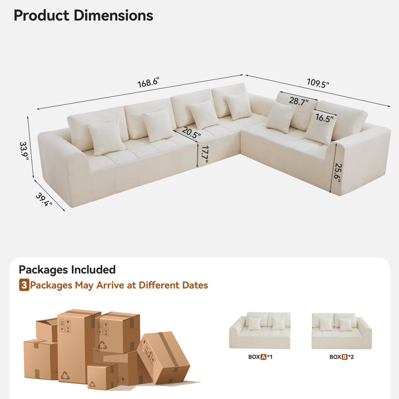 Canapé modulaire en L surdimensionné Boneless, H 33,9 po x l 168,6 po x P 109,5 po, Chenille beige