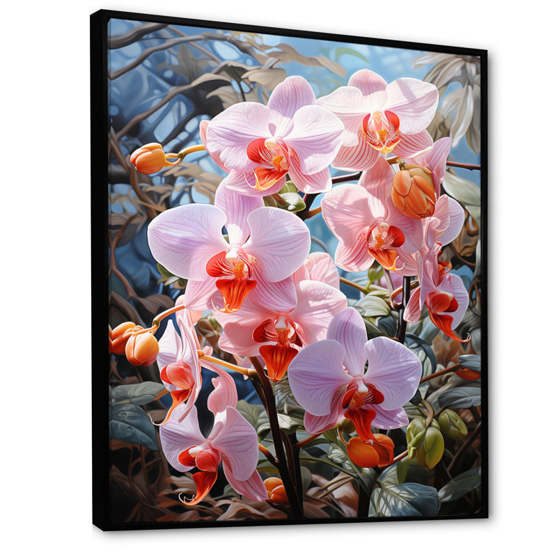 Orchidées roses, allure tropicale sur toile, H 40 po x l 30 po x P 1,5 po, Cadre flottant noir
