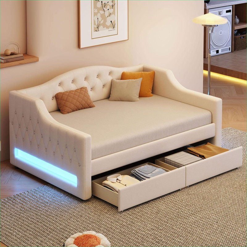 Linen Upholstered Twin XL Daybed With LED Lighting Two Under-Bed Storage Drawers Solid Wood Frame Soft Beige, Brown