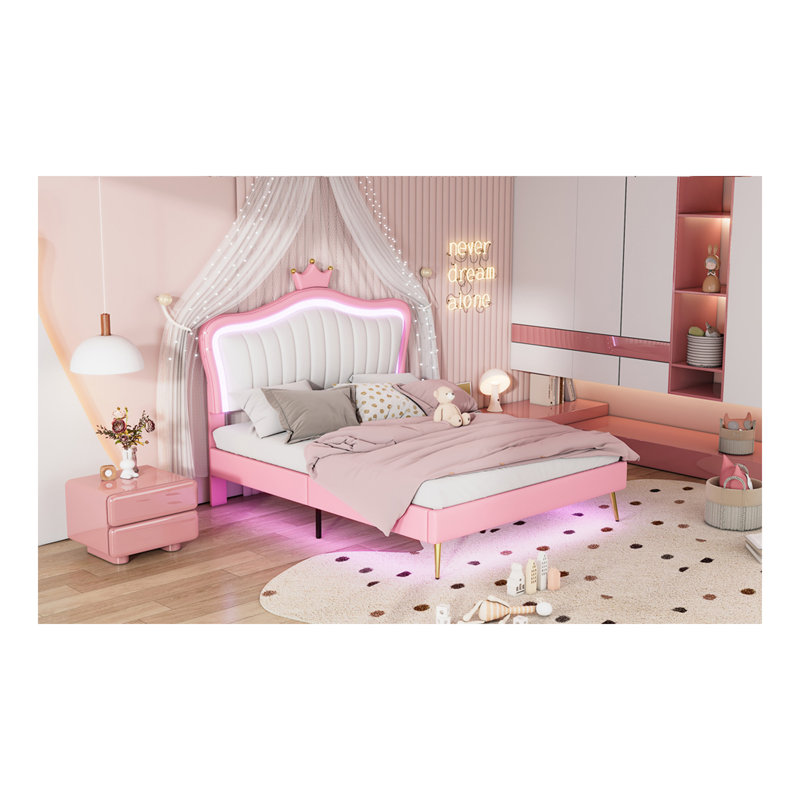 Full Size Upholstered Bed Frame With LED Lights,Modern Upholstered Princess Bed With Crown Headboard,White+Pink, White/Pink