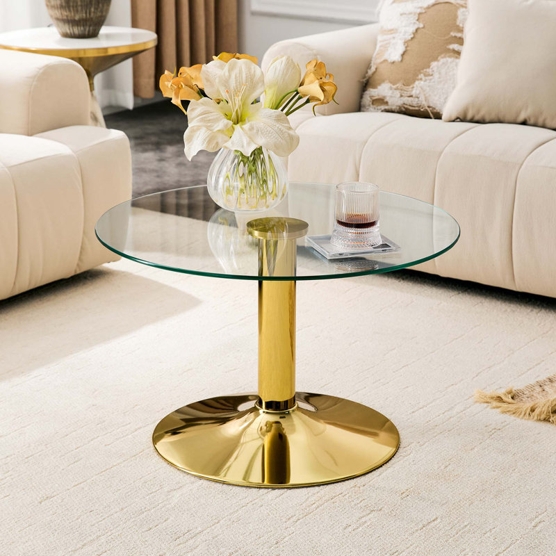 Round Tempered Glass Coffee Table with Golden Metal Base, Gold