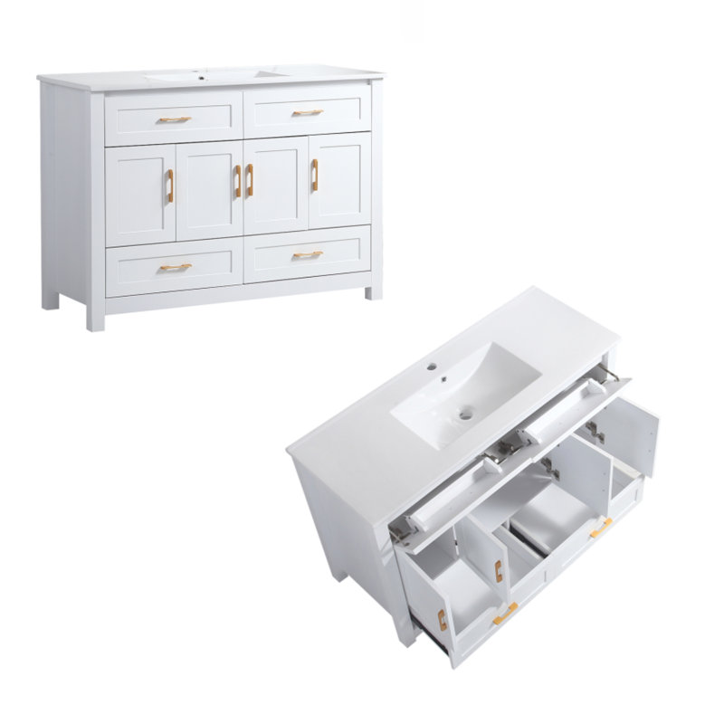 Ensemble de meuble-lavabo autoportant 48 pouces avec lavabo en céramique blanche, Blanc