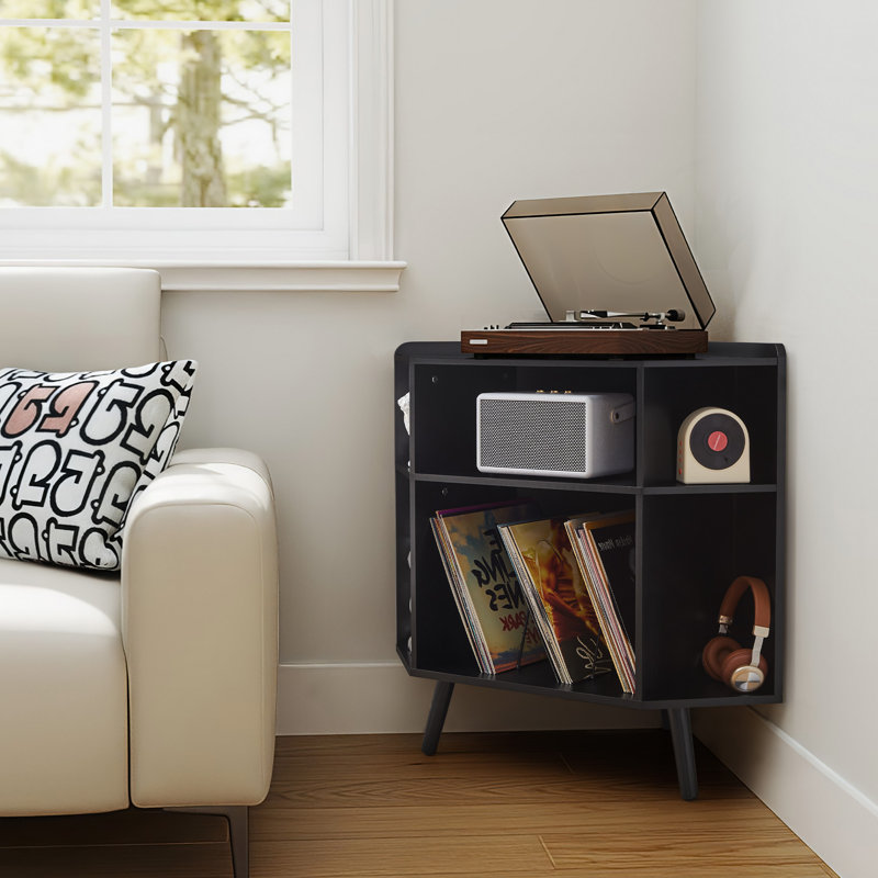 Corner Record Player Stand With Charging Station, Black