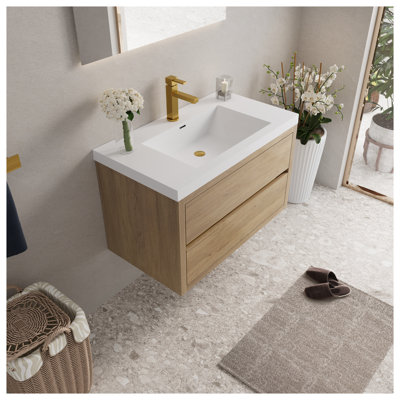 Meuble-lavabo mural 36 po avec lavabo en résine de pierre, armoire de rangement flottante au fini chêne naturel, pré-assemblé avec tiroirs à fermeture en douceur