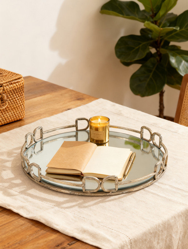 16.1" Round Valentina Silver Mirror Tray, Large Decorative Serving Tray with Openwork Frame