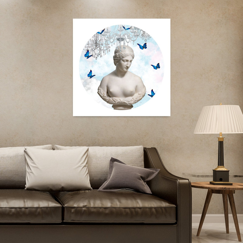 Dreamy Bust And Butterflies Contemporary Peaceful Retro Butterfly Flower Landscape Wall Art Print 1 Piece Wrapped Canvas Wall Art