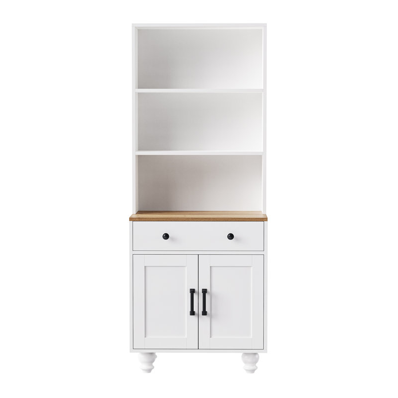 Farmhouse Storage Cabinet with 4 Solid Wood Legs, 5-Tier Bookshelf & Adjustable Shelves, Kitchen Pantry & Living Room Media Cabinet, White