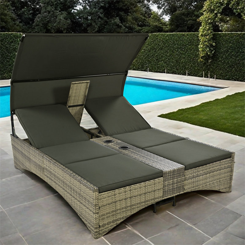 Rattan Patio Daybed With Shelter Roof, Adjustable Backrest, Storage Box And 2 Cup Holders, Grey