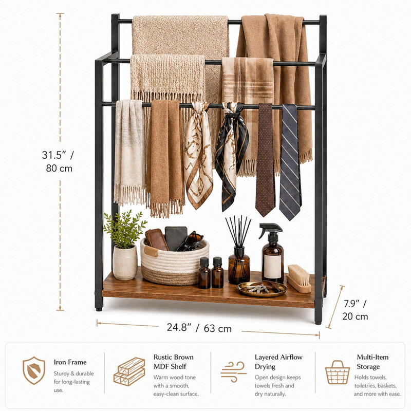 Porte-serviettes échelle échelle 24,8 po à 3 niveaux avec tablette en bois, Rustic Brown