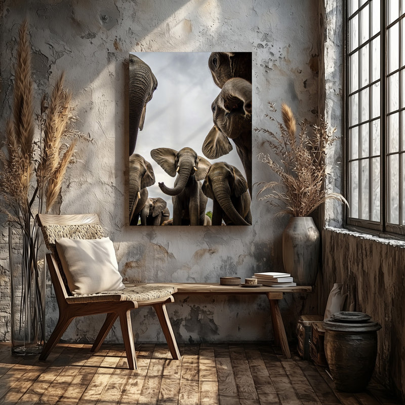 Toile, une scène captivante mettant en vedette un groupe d'éléphants ludiques, art mural capturé sous un angle faible créant une perspective dynamique