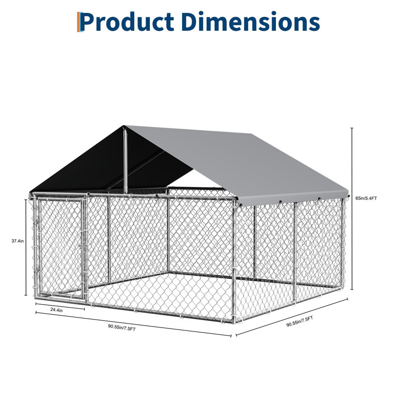 Grand chenil d'extérieur en métal avec toit imperméable pour la cour arrière, H 64,96 po x l 90,55 po x P 90,55 po