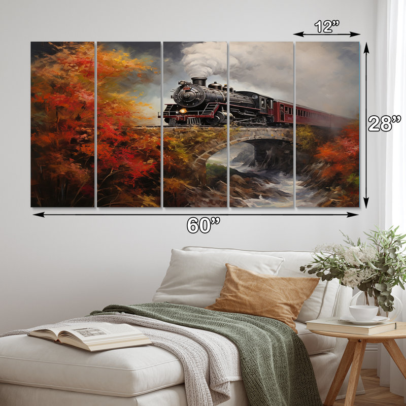 Steamtrain Crossing Autumn Bridge, peinture, art mural, salon, 5 panneaux égaux