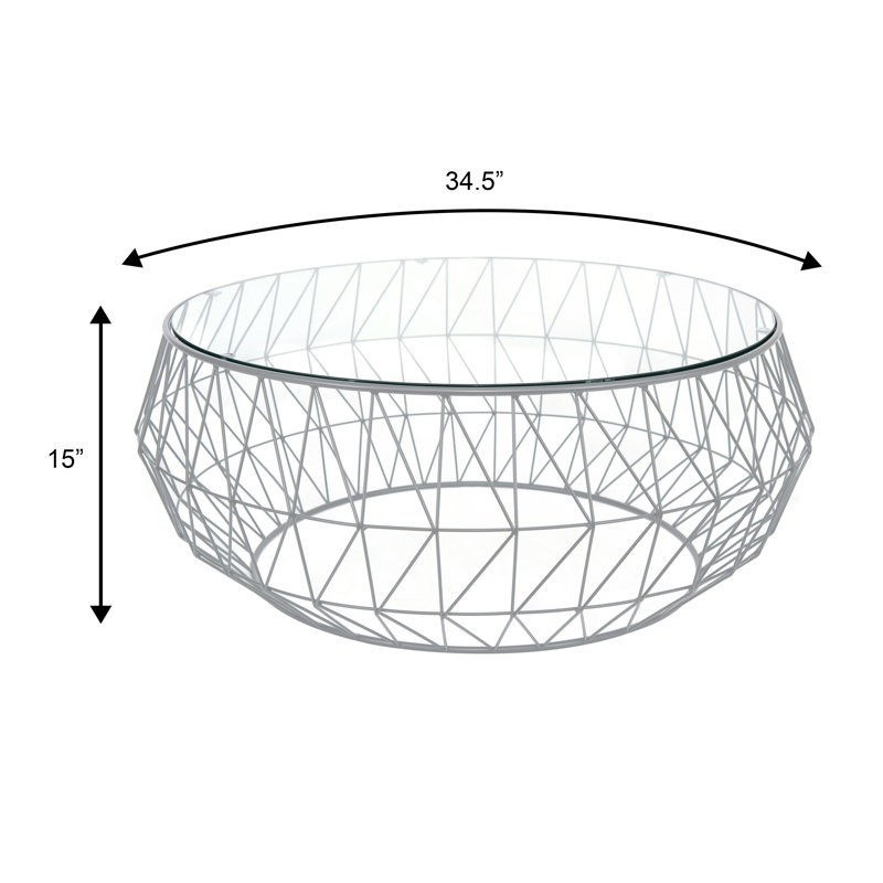 Deauville 39"  Round Glass Top Lightweight Coffee Table with Geometric Metal Base, Gray