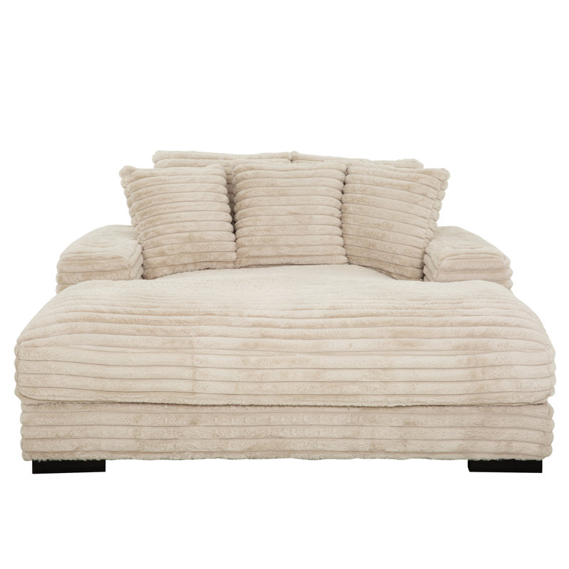 Chaise longue en velours côtelé Adasha beige avec structure en bois, porte-gobelets et USB / USB-C, Beige