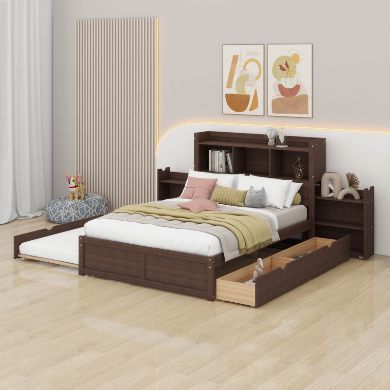 Full Size Platform Bed Frame With Storage – Headboard, Pull-Out Shelves, Trundle, 2 Drawers & Built-In Charging Station