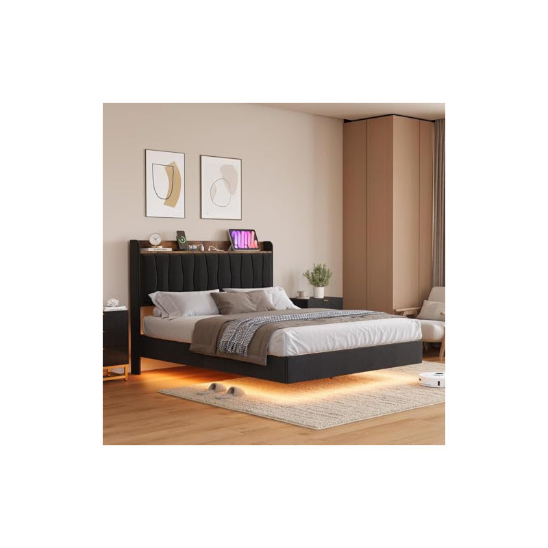 Base de lit flottante avec tête de lit avec rangement, lit plateforme tapissier avec éclairage ambiant à DEL et station de charge intégrée