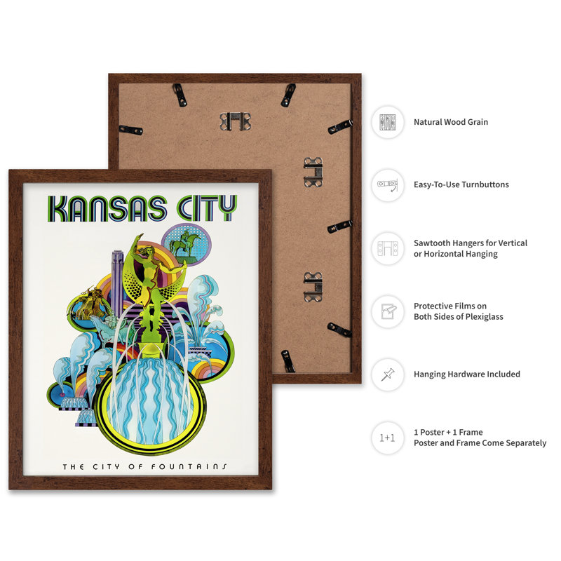 Fontaines de Kansas City, H 18 po x l 24 po, Affiche, Encadrement brun