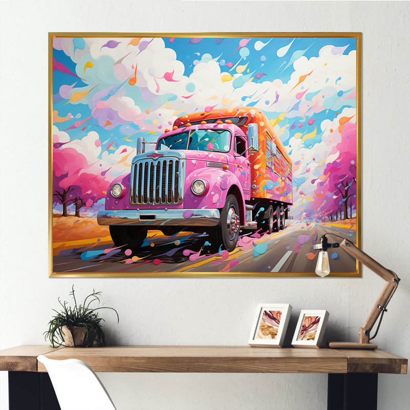Camion Raimbow rose sur toile, Cadre flottant doré, H 34 po x l 44 po x P 1,5 po