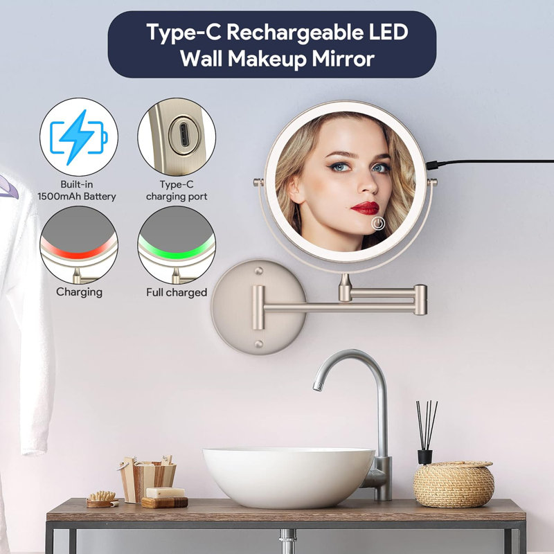 8" Rechargeable Wall-mounted Makeup Mirror Nickel