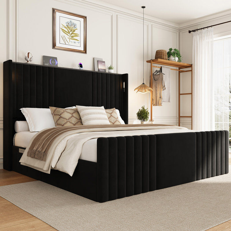 Velvet Upholstered Wingback Platform Bed, Black, King