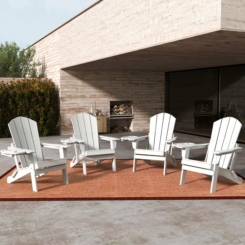 HDPE  Folding Adirondack Chair  with Cup Holder Weather-Resistant, White