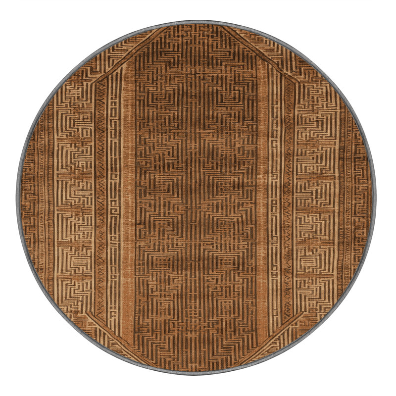 Tapis art déco brun lavable à la machine, Rond 5 pi