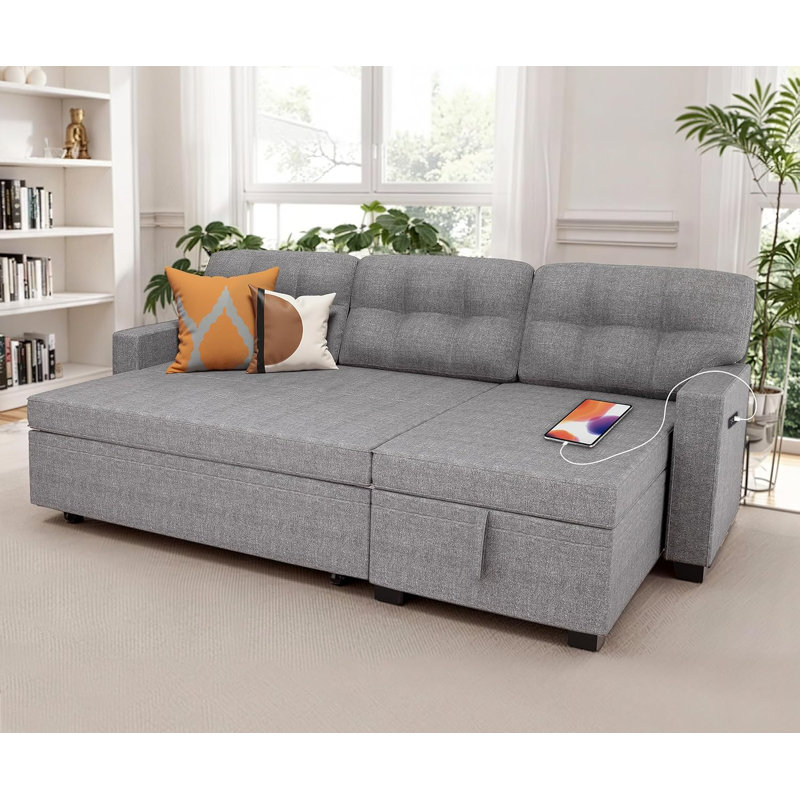 Reversible Sectional Sofa Couch, Sleeper Sofa Bed With Storage Chaise Pull Out Couch For Living Room | Hidden Stroge | Pull Out Bed | Removable Backrest | Linen Fabric