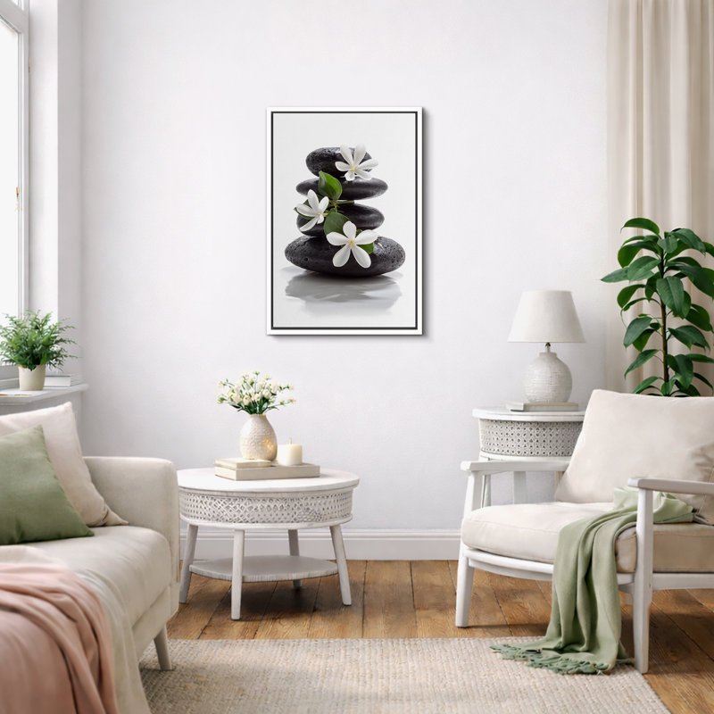 Zen Stones Basalt with Calming Plumeria Flowers Relaxing Bathroom Pictures On Canvas Print Wall Art, 24" H x 16" W
