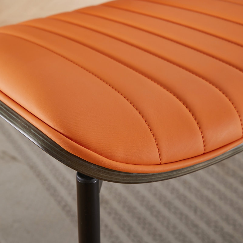 Of 2 Mid Century Modern Dining Chairs, Orange Pu Fabric, Walnut , Metal Legs, Ergonomic & Fashionable For Kitchen Office Style Leather, Back, Design With Adjustable Back Custom Fit