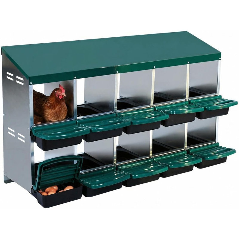 Boîte de nidification à 10 compartiments pour poulets roulants avec couvercle et perchoir pivotant