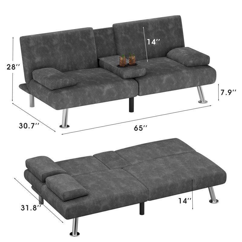 Chanet 65"W Modern Retro Corduroy Convertible Upholstered Reclining Sofa with Cup Holder, Gray Corduroy