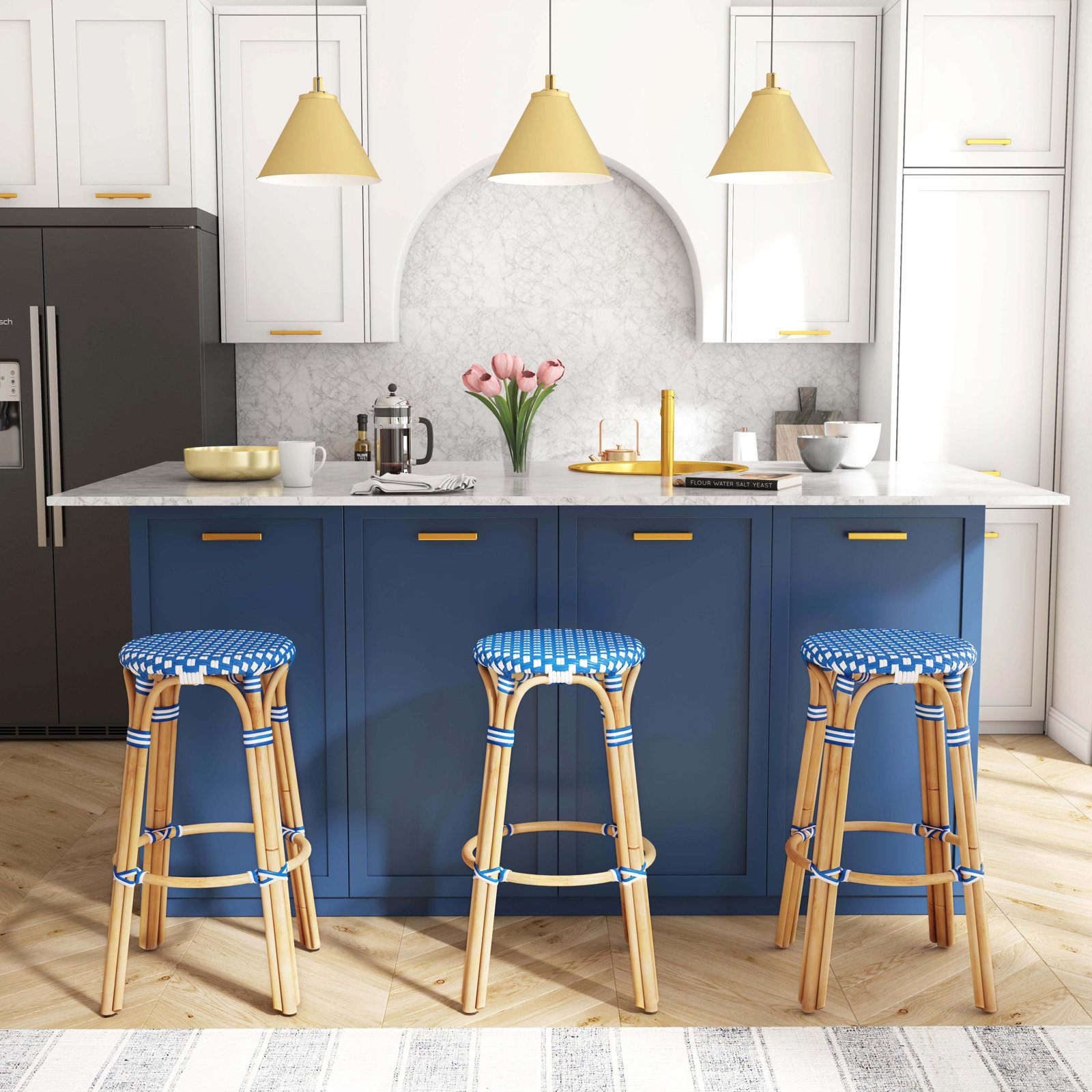 Alastair Bar & Counter Stool, Bar Stool (30" Seat Height), Blue/White Dot/Natural Rattan Frame