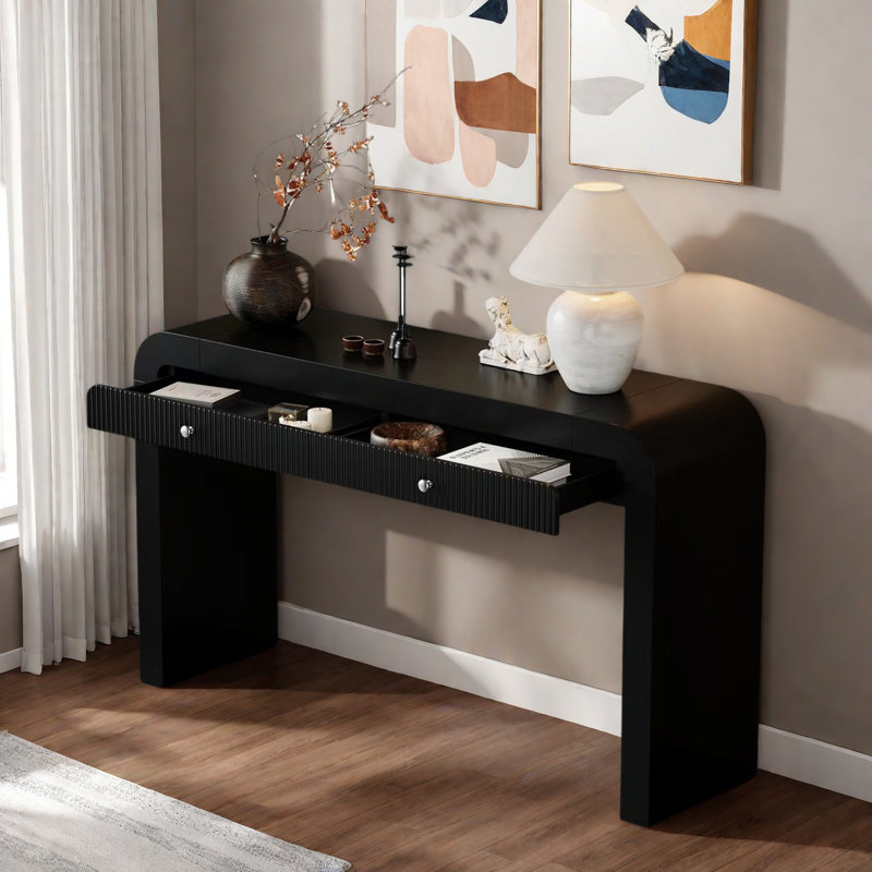 Console rustique avec 2 tiroirs, conception cannelée, coins courbés et pieds épais