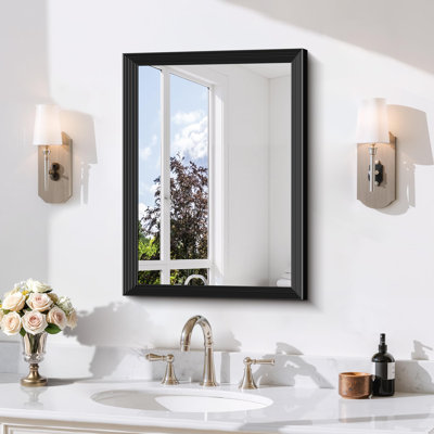 Black Bathroom Mirror, 18 x 24 Inch Bevelled Edge Black Mirror with Ribbed Texture-Modern Rectangle Bathroom Wall Mirror for Vanity, Tempered Glass,Hangs Horizontally or Vertically