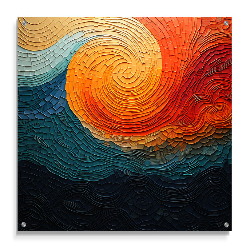 Teal orange Op Art Rhythmic Illusion III - art mural acrylique Op Art pour le salon, H 16 po x l 16 po