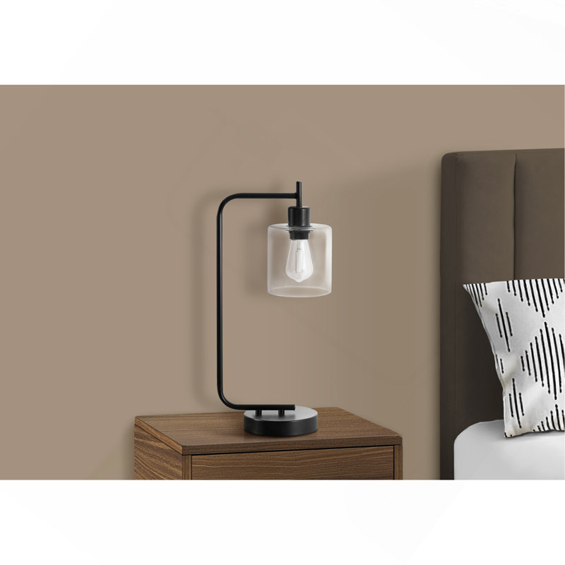 Éclairage, H 20 po, lampe de table, port USB inclus, métal noir, abat-jour en verre, moderne