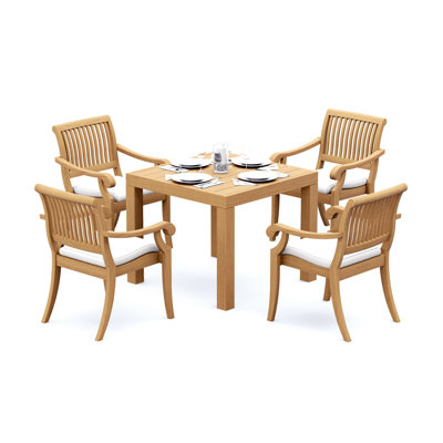 Ensemble de salle à manger 3 pièces en bois de teck de qualité A: table carrée 36 po et 2 fauteuils empilables Appel # 11AB0802