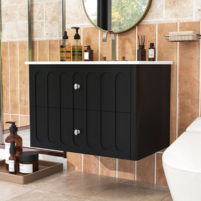 Meuble-lavabo mural moderne avec lavabo en céramique, tiroirs à fermeture en douceur et rangement compact