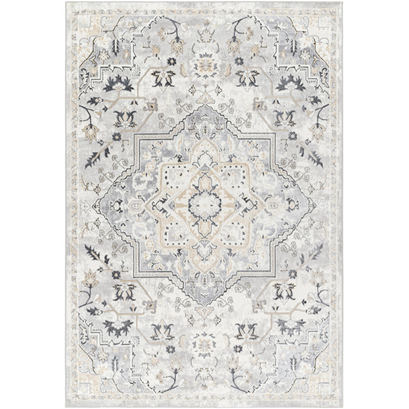 Rectangle Oriental Machine Woven Polypropylene/Polyester Area Rug in Ivory, Rectangle 6'7" x 9'2"