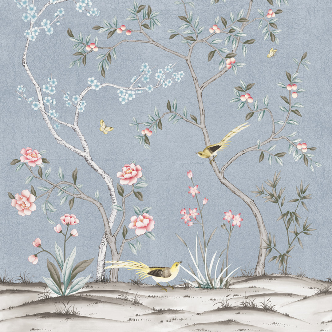 Metallic Garden Chinoiserie Vinyl Peel and Stick Wall Mural 3 Panel Mural, Ice Blue