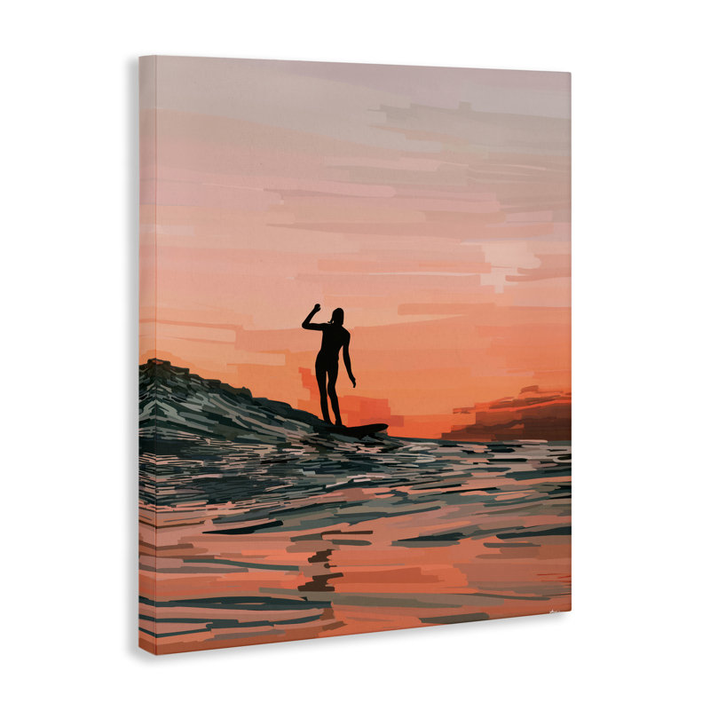 «Woman Surfing at Sunset», art mural sur toile par Amelia Noyes, H 30 po x l 24 po