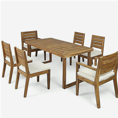 Ensemble repas d'extérieur 7 pièces en bois d'acacia avec coussins, sablé naturel et beige