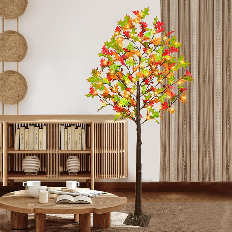 Érable artificiel illuminé 6 pi, arbre à DEL blanc chaud 96 DEL, intérieur et extérieur, feuilles vertes réalistes et pommes de pin
