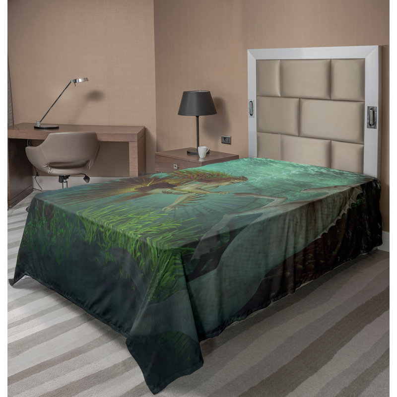 Ambesonne Turquoise Top Flat Sheet Mermaid with Seahorse Amber Green Aqua, Twin