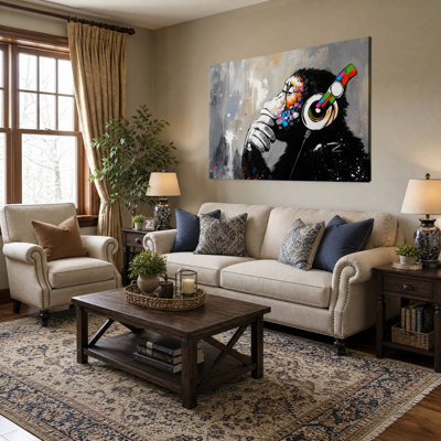 Print Canvas Wall Art, Street Art Thinking Monkey with Colorful Headphones Splash Paint Graffiti Style Modern Living Room Wall Decor