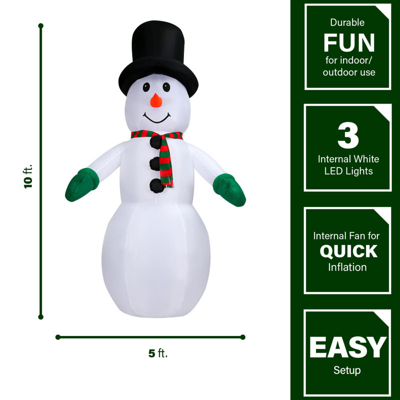 10 pi. Bonhomme de neige gonflable pré-éclairé