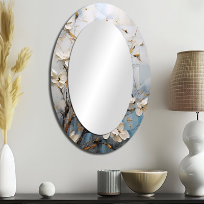 Minimalist Blossoms And Birds Of Spring - Beige Oval Wall Mirror Decor