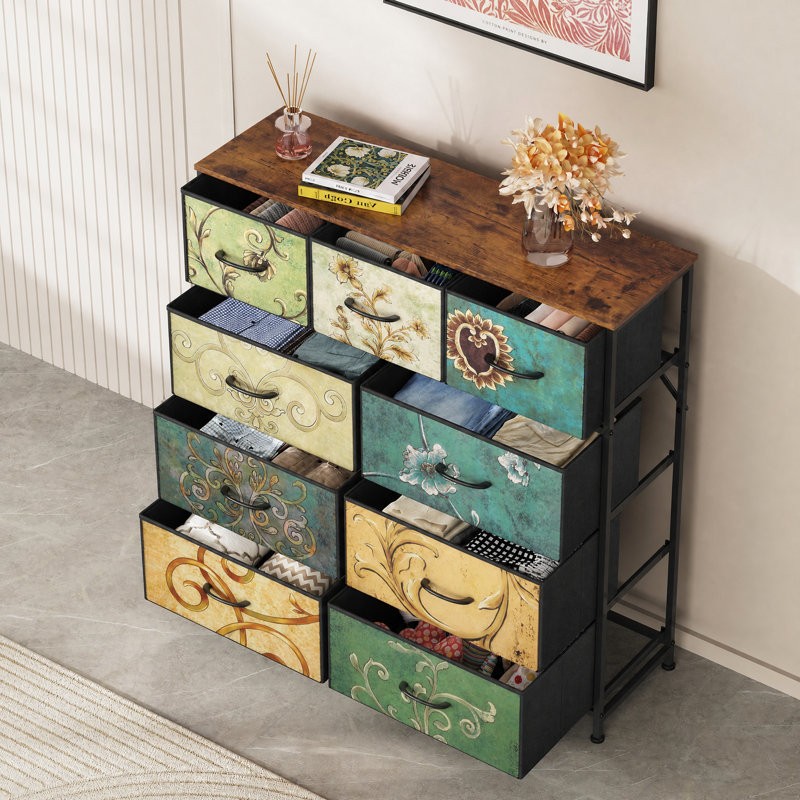 Commode 9 tiroirs avec plateau en bois Reinardo, Floral